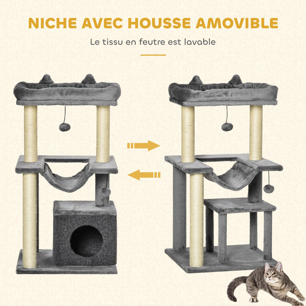 Arbre à chat avec griffoir, en tissu peluche, tour de jeux pour chat, lit, niche, hamac, plateforme 48 x 48 x 90 cm gris - Alma Nova Care