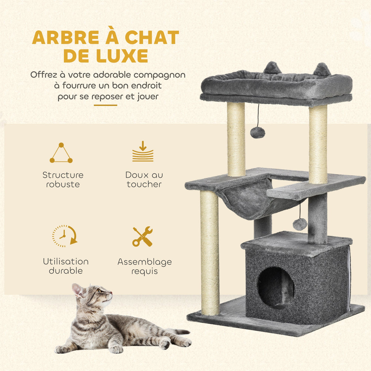 Arbre à chat avec griffoir, en tissu peluche, tour de jeux pour chat, lit, niche, hamac, plateforme 48 x 48 x 90 cm gris - Alma Nova Care