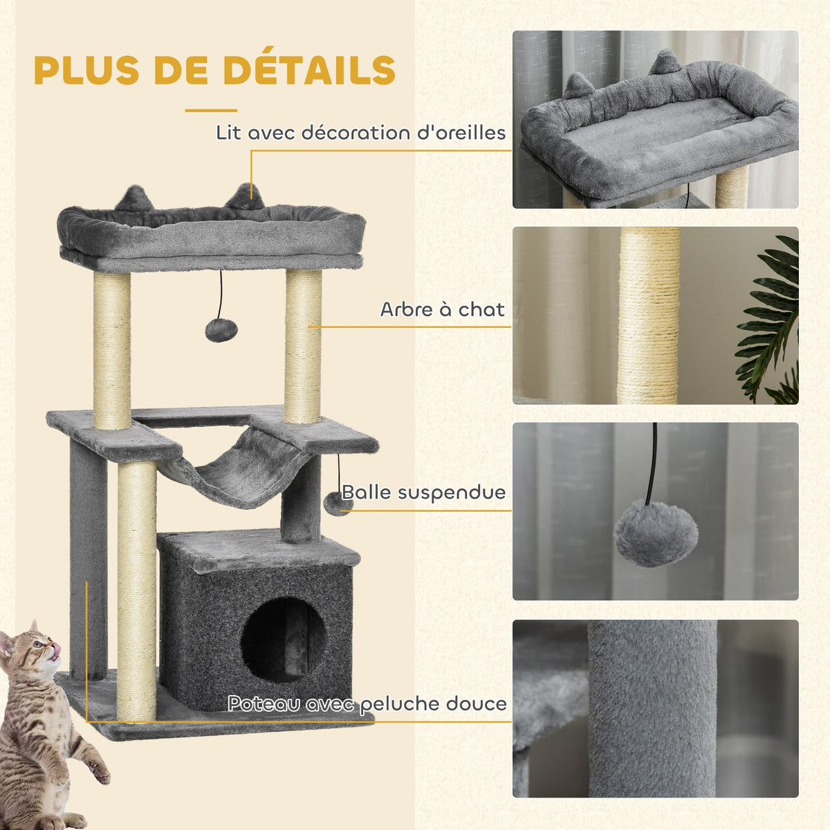 Arbre à chat avec griffoir, en tissu peluche, tour de jeux pour chat, lit, niche, hamac, plateforme 48 x 48 x 90 cm gris - Alma Nova Care