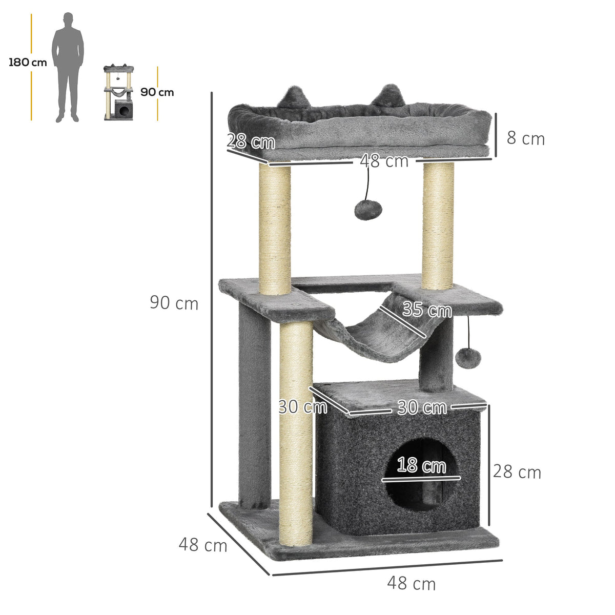 Arbre à chat avec griffoir, en tissu peluche, tour de jeux pour chat, lit, niche, hamac, plateforme 48 x 48 x 90 cm gris - Alma Nova Care