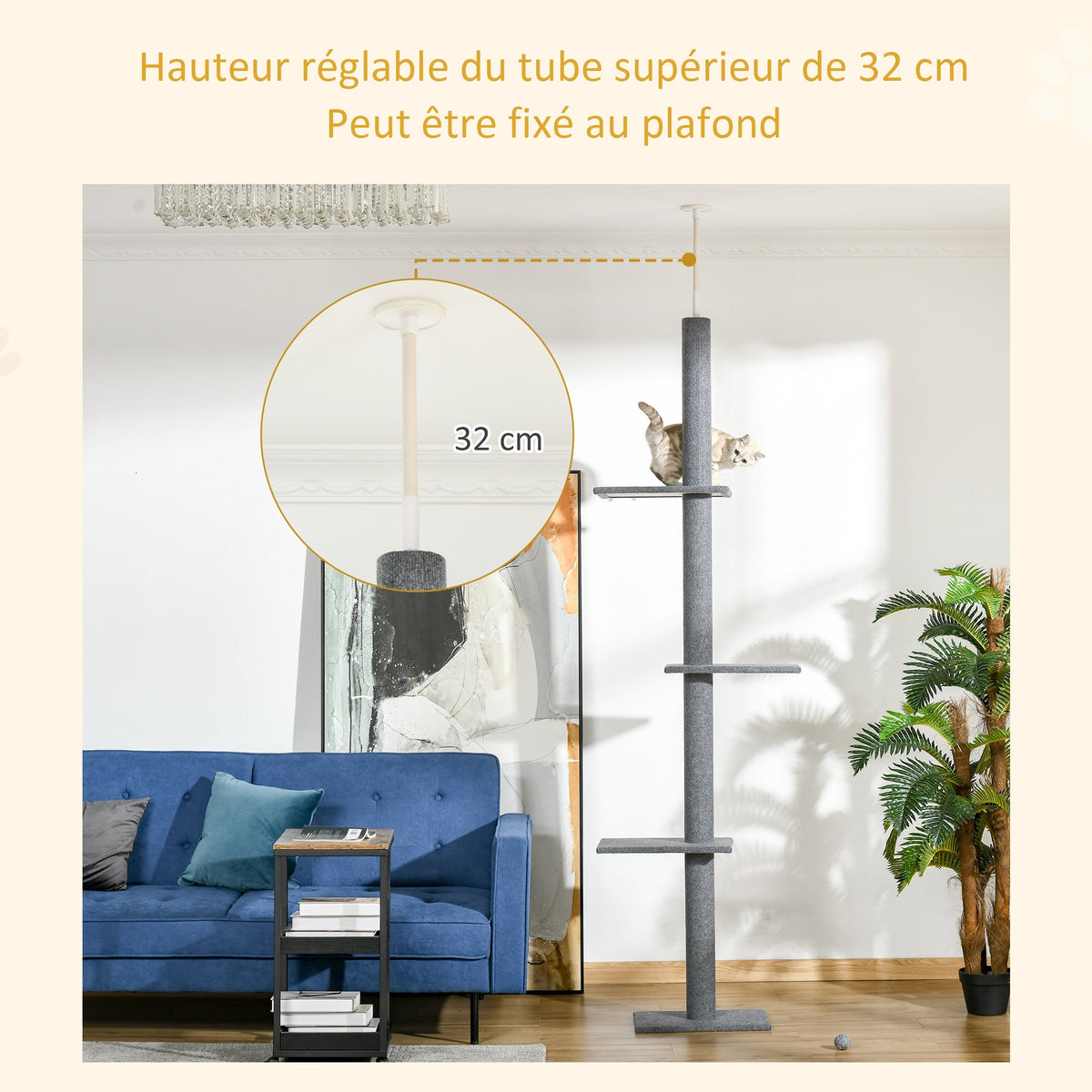 Arbre à chat du sol au plafond poteau à griffer hauteur réglable dim. 43L x 27I x 228-260H cm 4 niveaux d'activités gris - Alma Nova Care