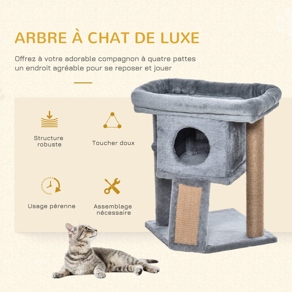 Arbre à chat hauteur de 57 cm avec griffoir en jute, niche, plateforme et balle de jeu, en tissu peluche gris clair - Alma Nova Care