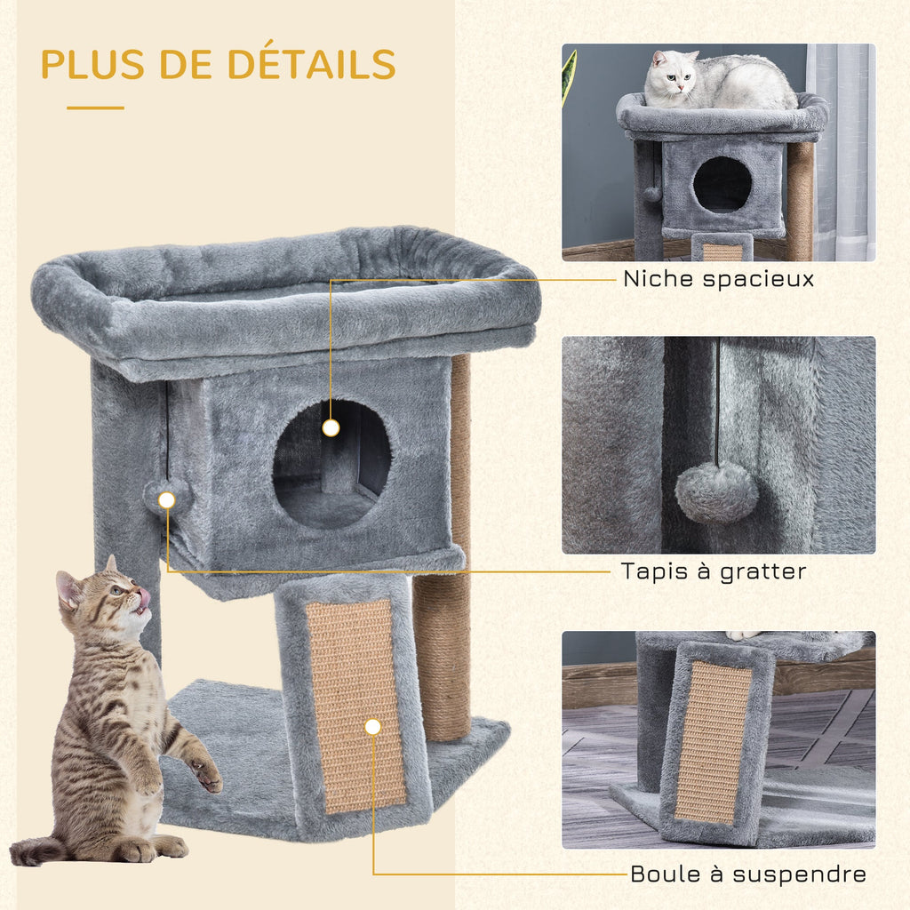 Arbre à chat hauteur de 57 cm avec griffoir en jute, niche, plateforme et balle de jeu, en tissu peluche gris clair - Alma Nova Care