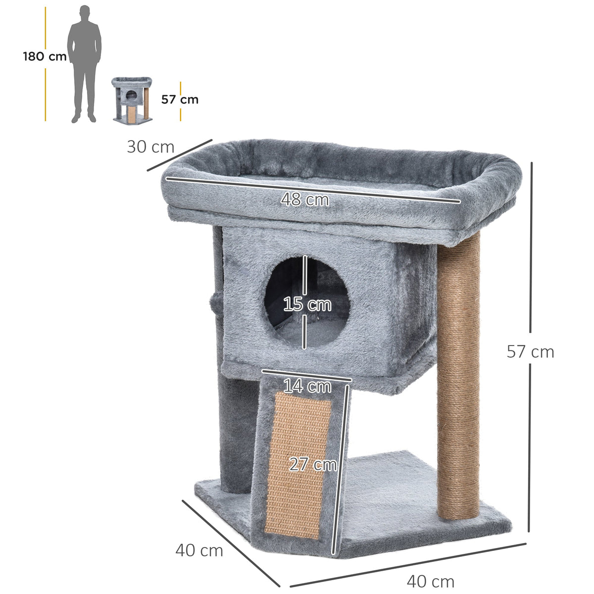 Arbre à chat hauteur de 57 cm avec griffoir en jute, niche, plateforme et balle de jeu, en tissu peluche gris clair - Alma Nova Care