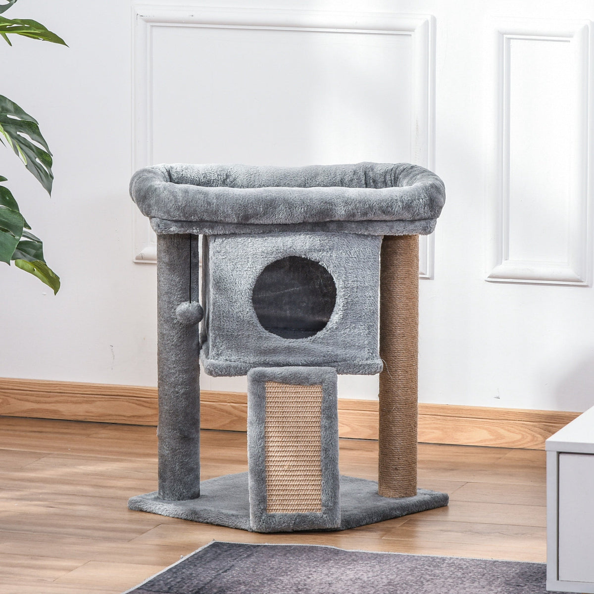 Arbre à chat hauteur de 57 cm avec griffoir en jute, niche, plateforme et balle de jeu, en tissu peluche gris clair - Alma Nova Care