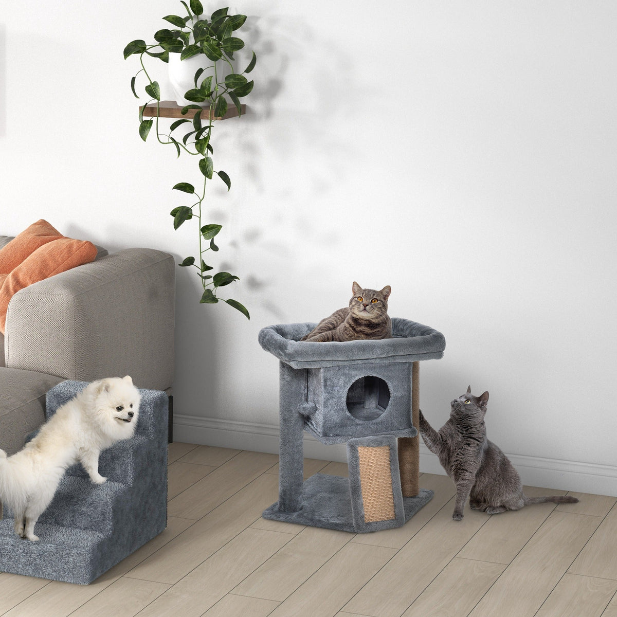 Arbre à chat hauteur de 57 cm avec griffoir en jute, niche, plateforme et balle de jeu, en tissu peluche gris clair - Alma Nova Care
