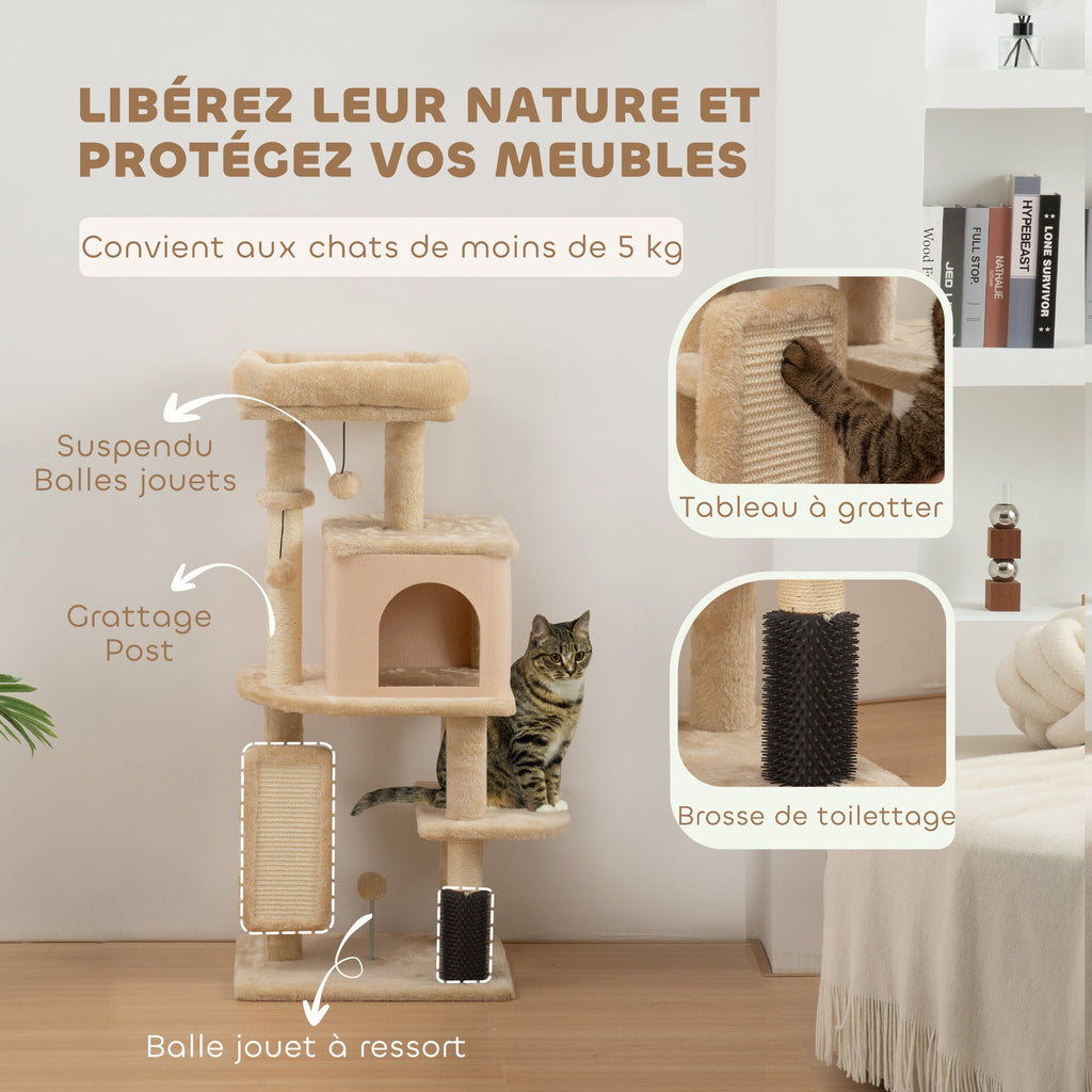 Arbre à Chat, Tour de Jeux, Hauteur de 104 cm, avec Lit, Maison, Brosse de Toilettage, 44l x 34P x 104H cm, Beige - Alma Nova Care