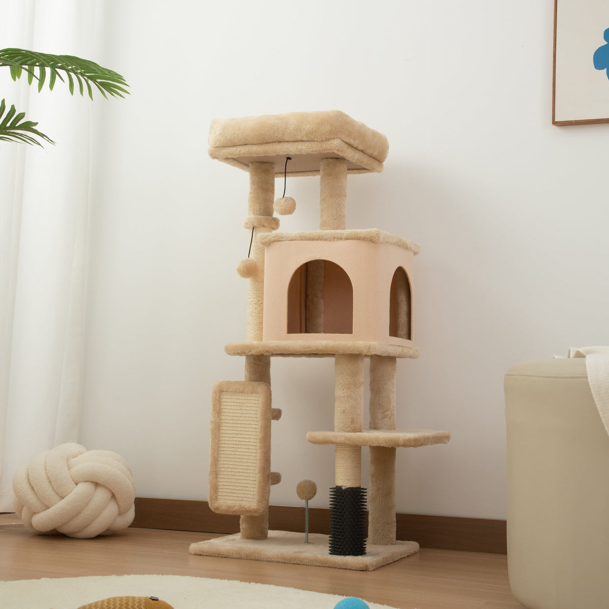 Arbre à Chat, Tour de Jeux, Hauteur de 104 cm, avec Lit, Maison, Brosse de Toilettage, 44l x 34P x 104H cm, Beige - Alma Nova Care
