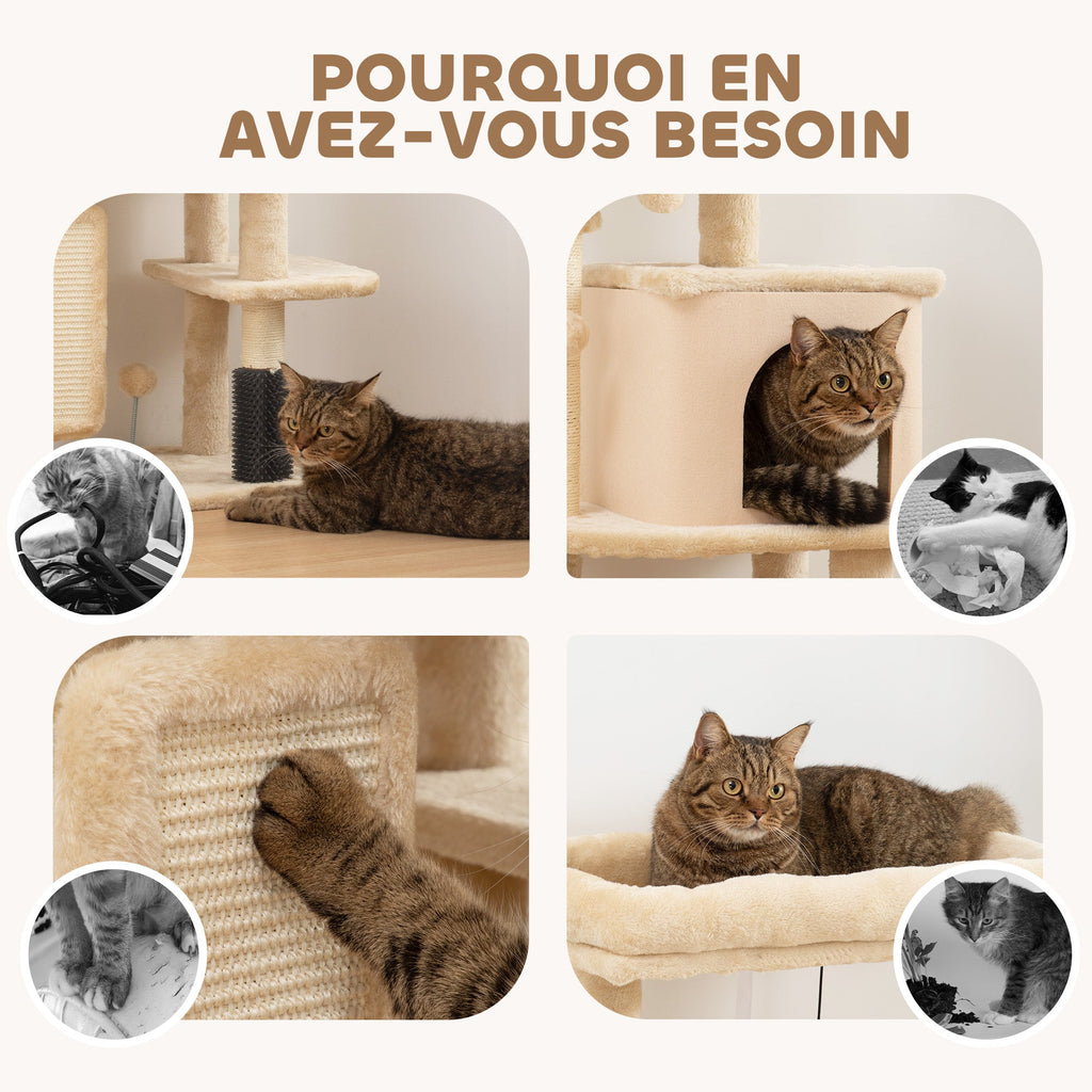 Arbre à Chat, Tour de Jeux, Hauteur de 104 cm, avec Lit, Maison, Brosse de Toilettage, 44l x 34P x 104H cm, Beige - Alma Nova Care