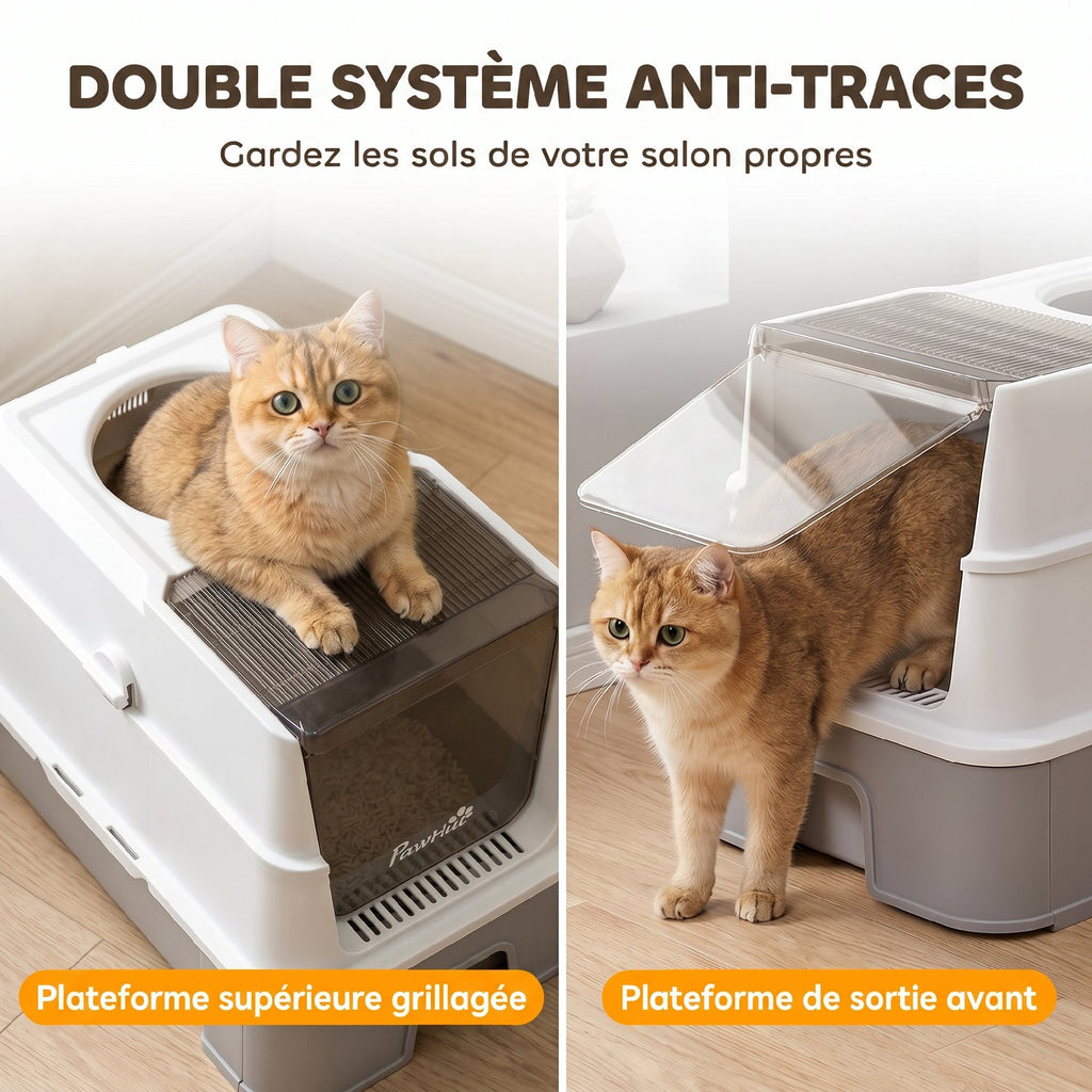 Bac à Litière pour Chat en Inox, Tiroir Coulissant, Couvercle Amovible, Pelle, Sacs Filtrants，Pédale, 60x40x45cm, Gris - Alma Nova Care