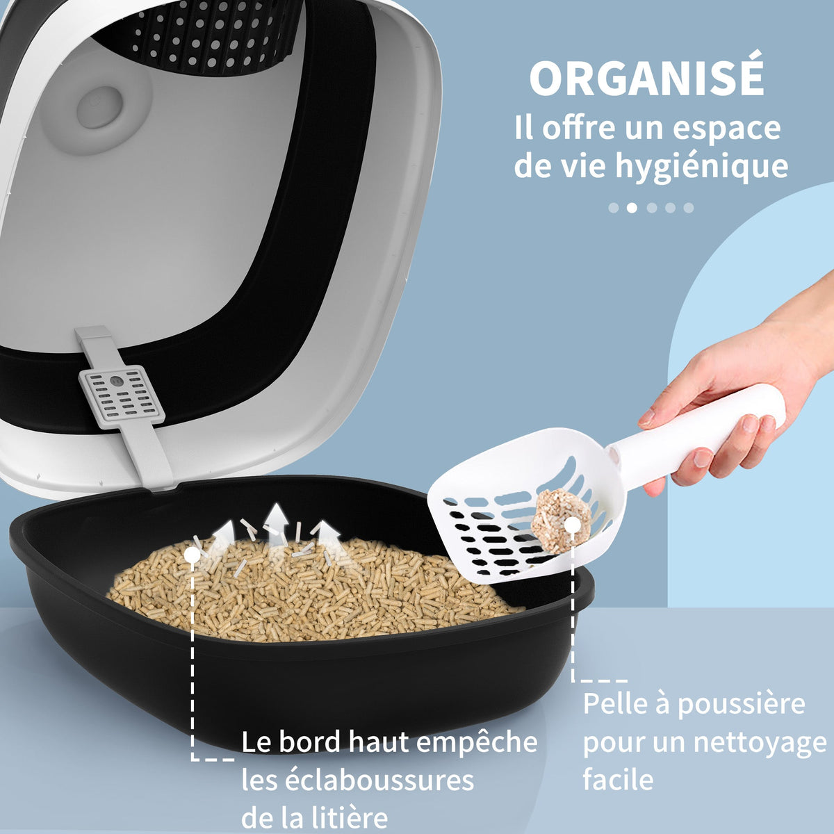 bac à litière pour chat pliable porte battante lucarne + pelle fournis noir blanc - Alma Nova Care