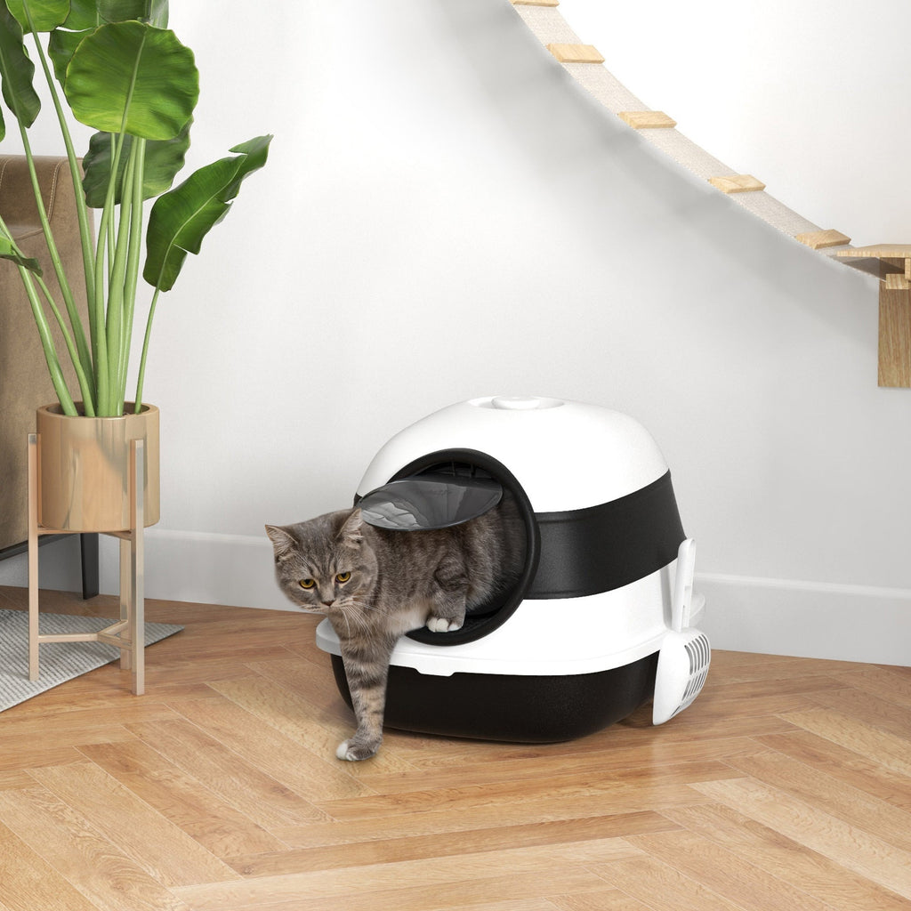 bac à litière pour chat pliable porte battante lucarne + pelle fournis noir blanc - Alma Nova Care