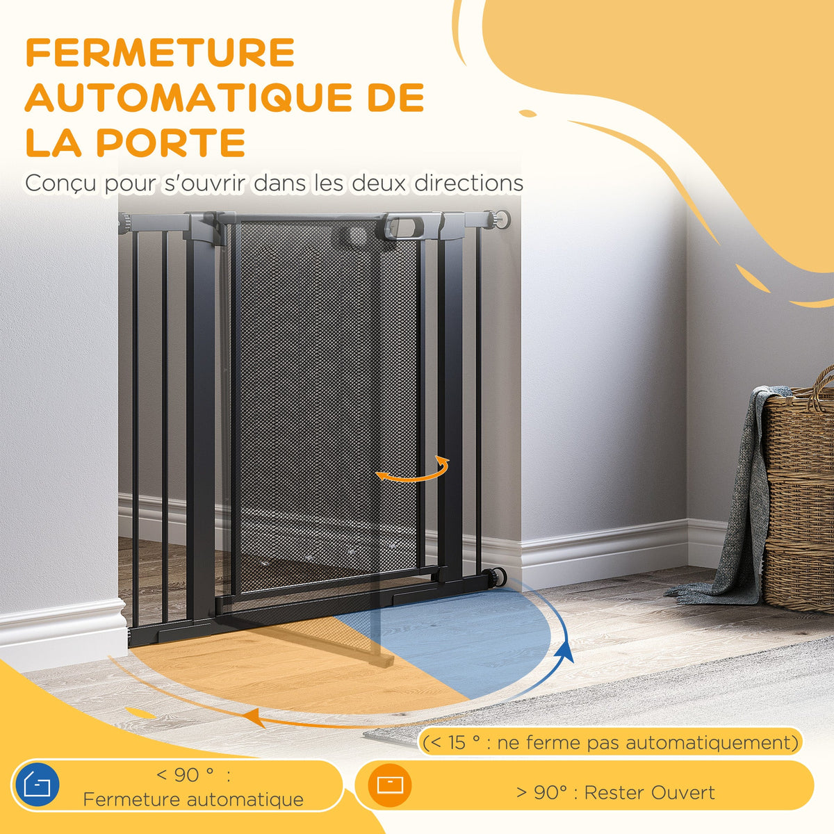 Barrière de sécurité pour animaux domestique avec fermeture automatique double verrouillage largeur 75-103 cm noir - Alma Nova Care