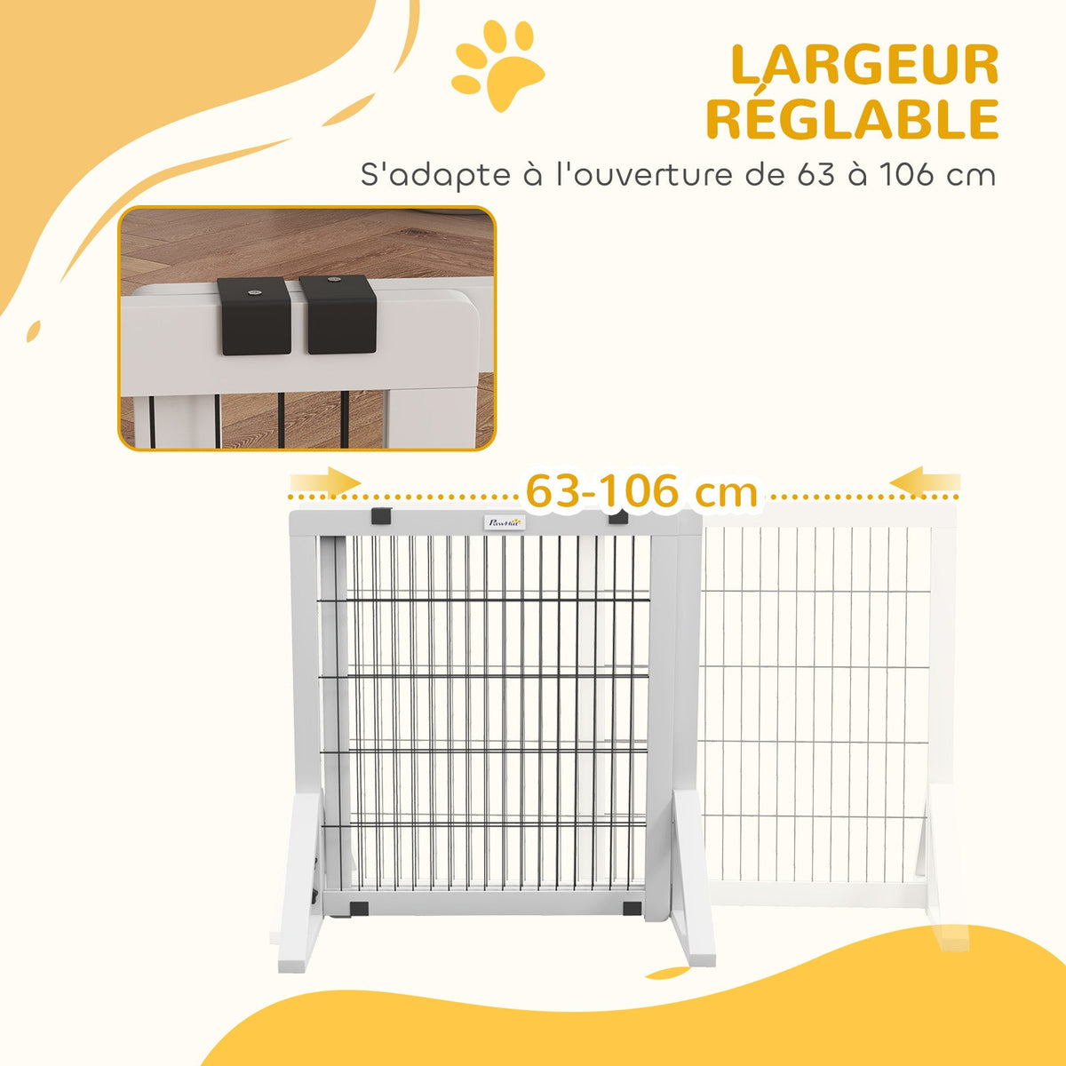 Barrière de sécurité pour chien barrière de protection à 2 panneaux largeur réglable 63-106 cm en bois acier blanc - Alma Nova Care