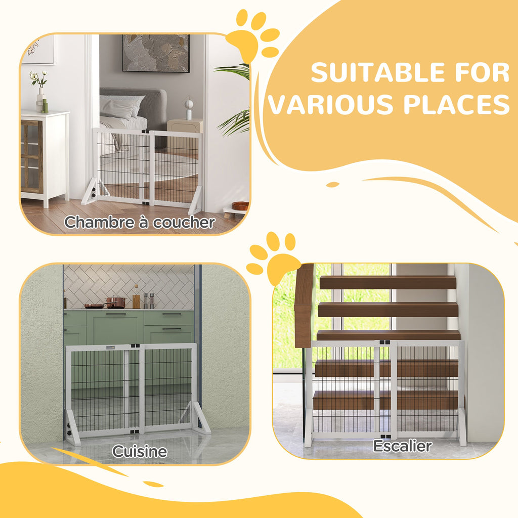 Barrière de sécurité pour chien barrière de protection à 2 panneaux largeur réglable 63-106 cm en bois acier blanc - Alma Nova Care