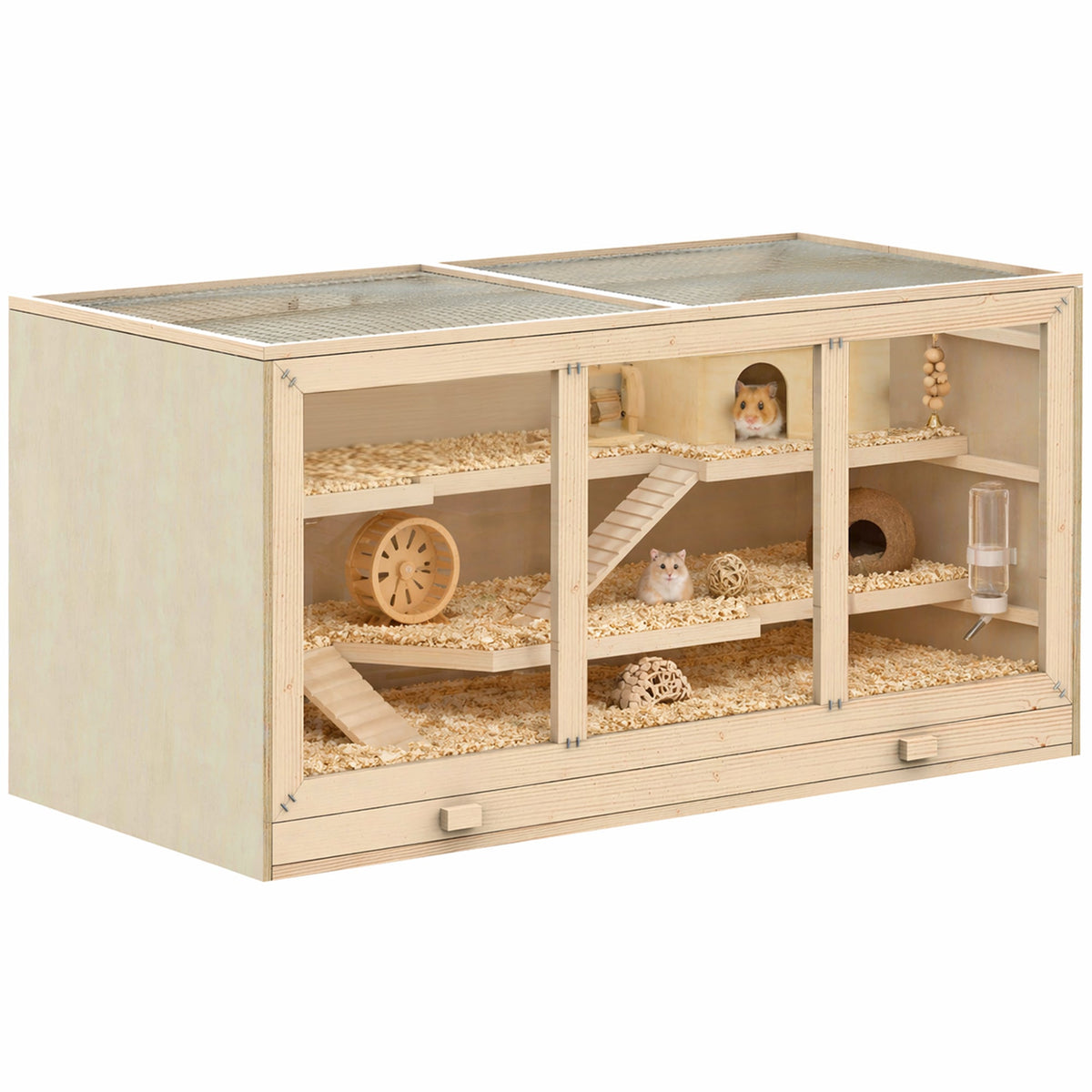 Cage à hamster cage gerbilles 2 niveaux toit ouvrable fenêtres cabane 2 échelle, 115 x 57 x 55 cm, effet bois naturel - Alma Nova Care