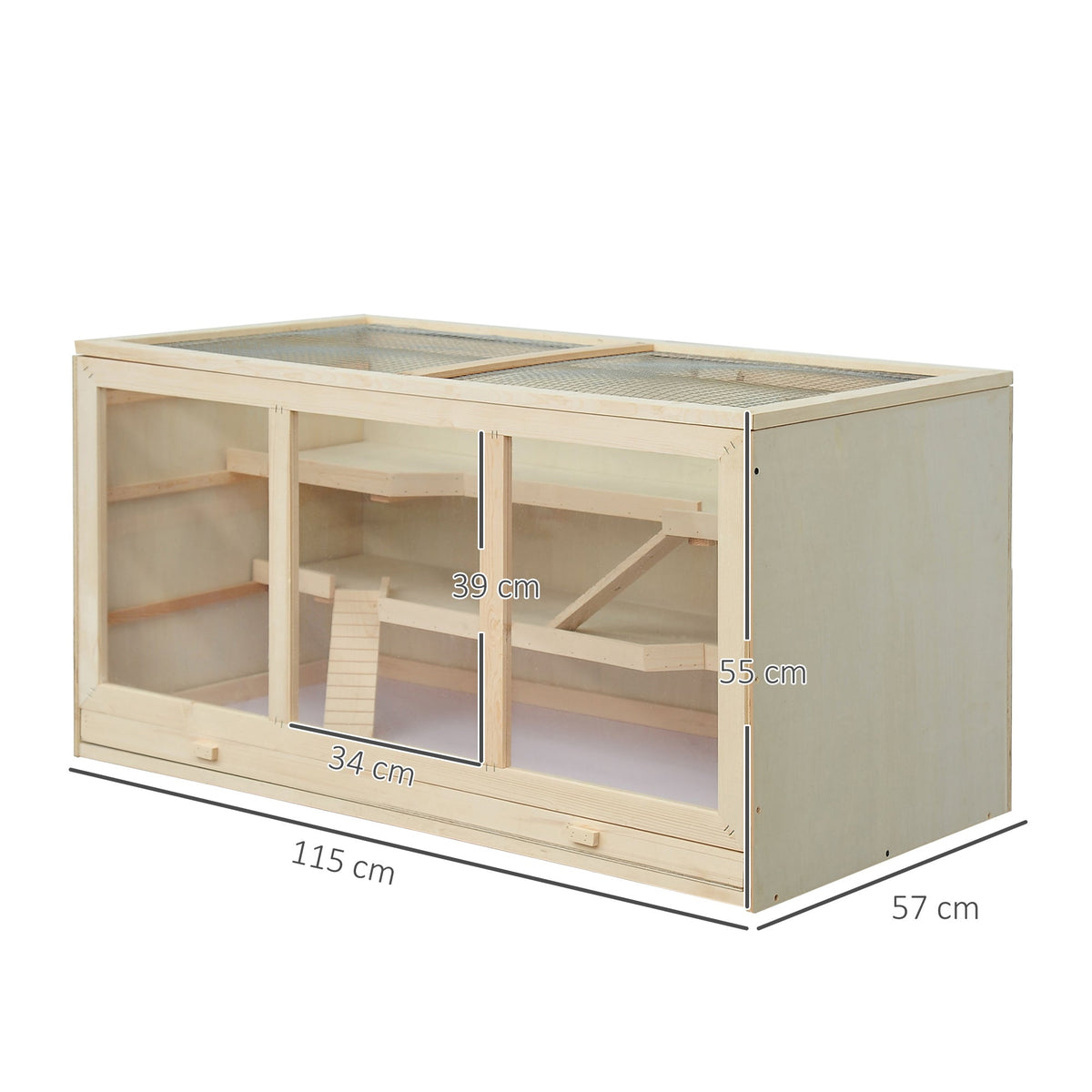 Cage à hamster cage gerbilles 2 niveaux toit ouvrable fenêtres cabane 2 échelle, 115 x 57 x 55 cm, effet bois naturel - Alma Nova Care