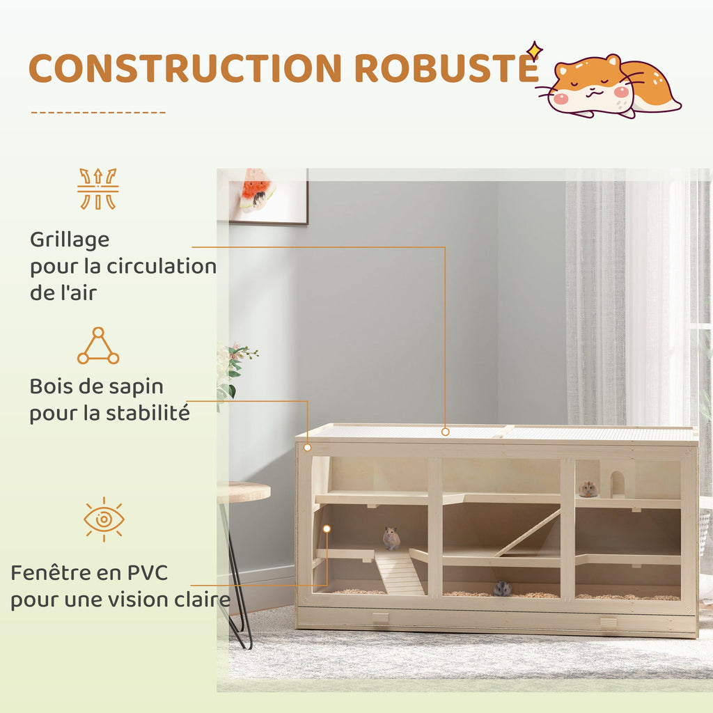 Cage à hamster cage gerbilles 2 niveaux toit ouvrable fenêtres cabane 2 échelle, 115 x 57 x 55 cm, effet bois naturel - Alma Nova Care