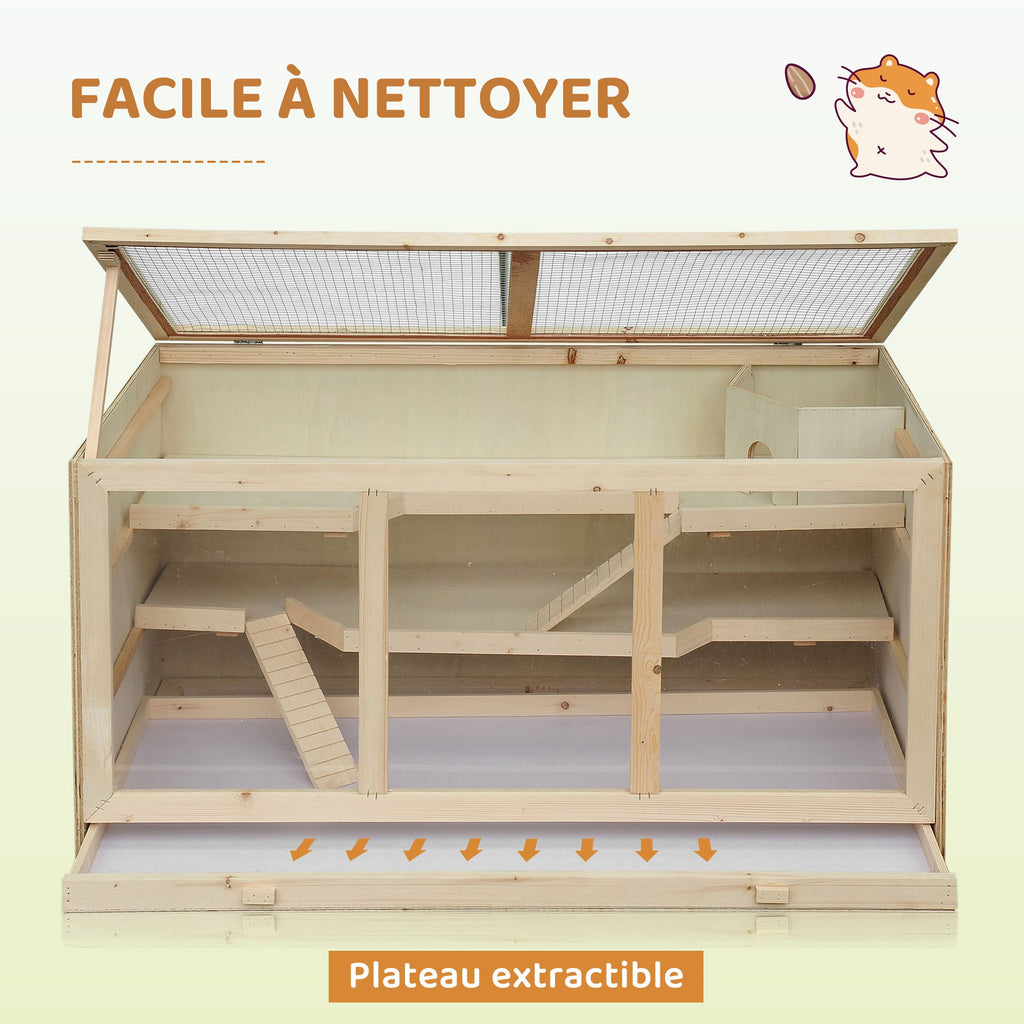 Cage à hamster cage gerbilles 2 niveaux toit ouvrable fenêtres cabane 2 échelle, 115 x 57 x 55 cm, effet bois naturel - Alma Nova Care