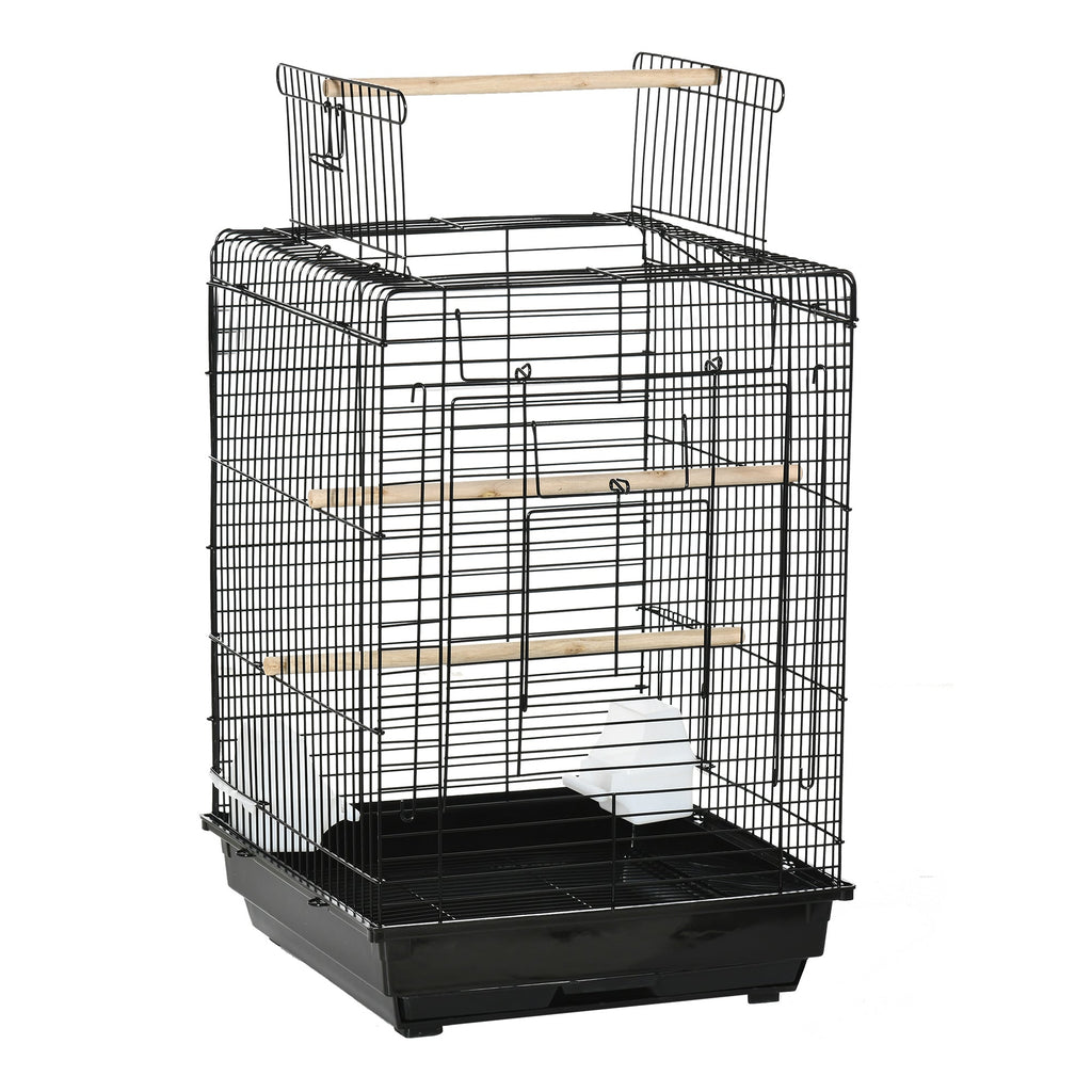 Cage à oiseaux en métal avec mangeoires perchoirs plateau amovible poignée dim. 40L x 40l x 59H cm noir - Alma Nova Care