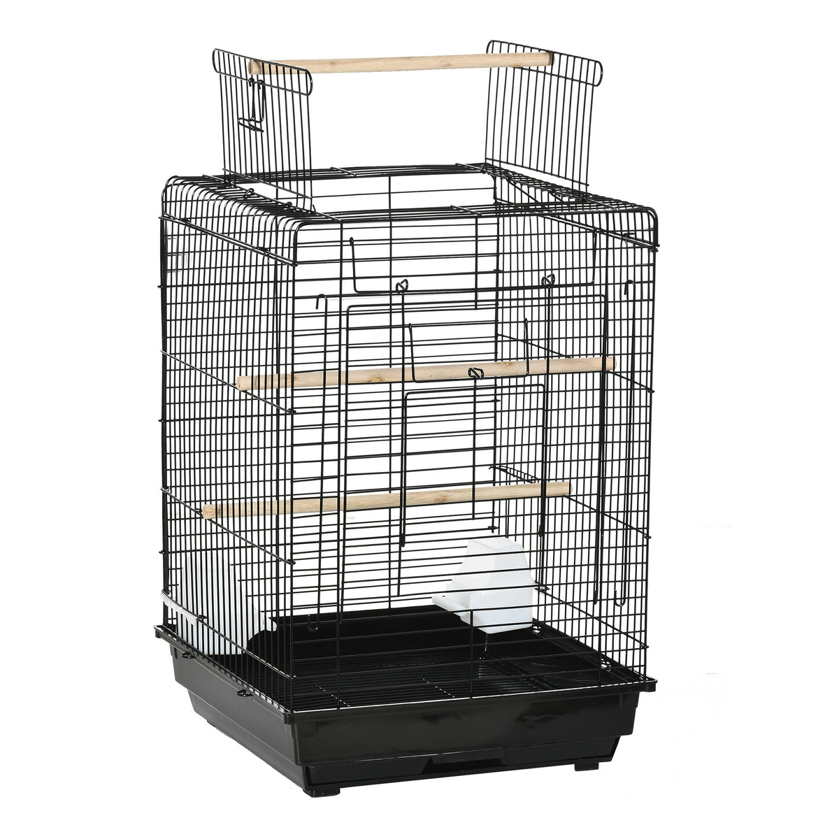 Cage à oiseaux en métal avec mangeoires perchoirs plateau amovible poignée dim. 40L x 40l x 59H cm noir - Alma Nova Care