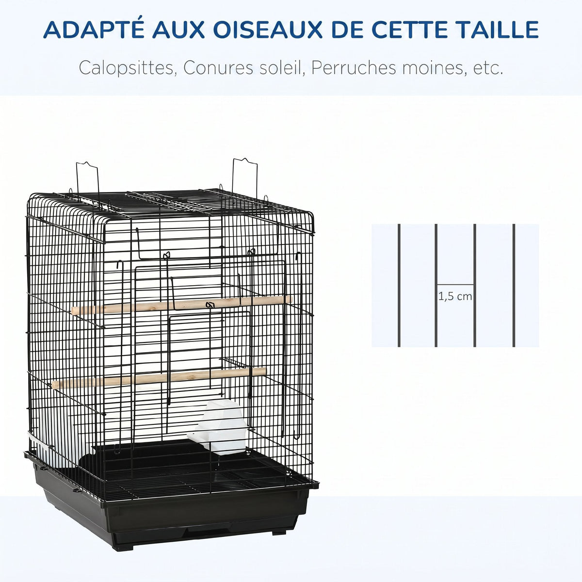Cage à oiseaux en métal avec mangeoires perchoirs plateau amovible poignée dim. 40L x 40l x 59H cm noir - Alma Nova Care