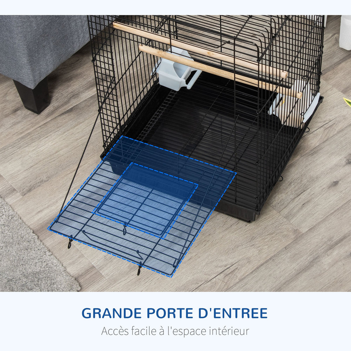 Cage à oiseaux en métal avec mangeoires perchoirs plateau amovible poignée dim. 40L x 40l x 59H cm noir - Alma Nova Care