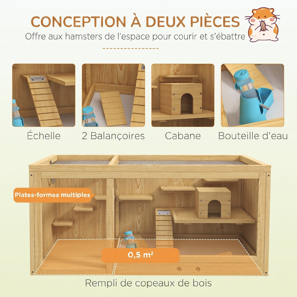 Cage Hamster Habitat pour Rongeurs Souris Plusieurs Niveaux Plateformes Échelle Balançoires 100 x 50 x 50 cm Naturel - Alma Nova Care