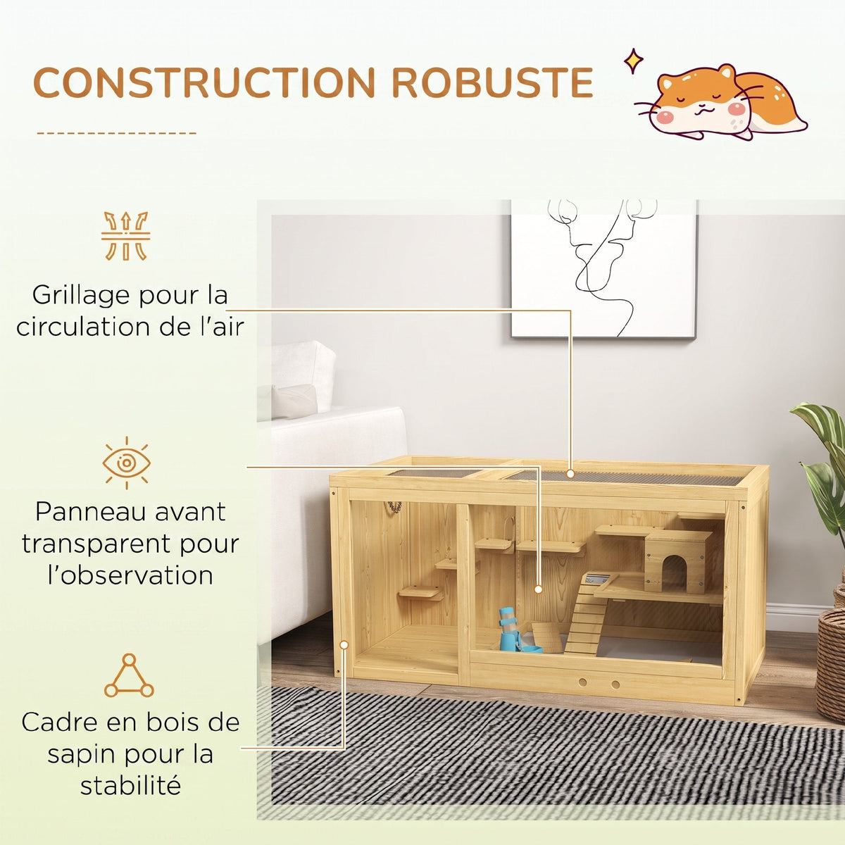 Cage Hamster Habitat pour Rongeurs Souris Plusieurs Niveaux Plateformes Échelle Balançoires 100 x 50 x 50 cm Naturel - Alma Nova Care