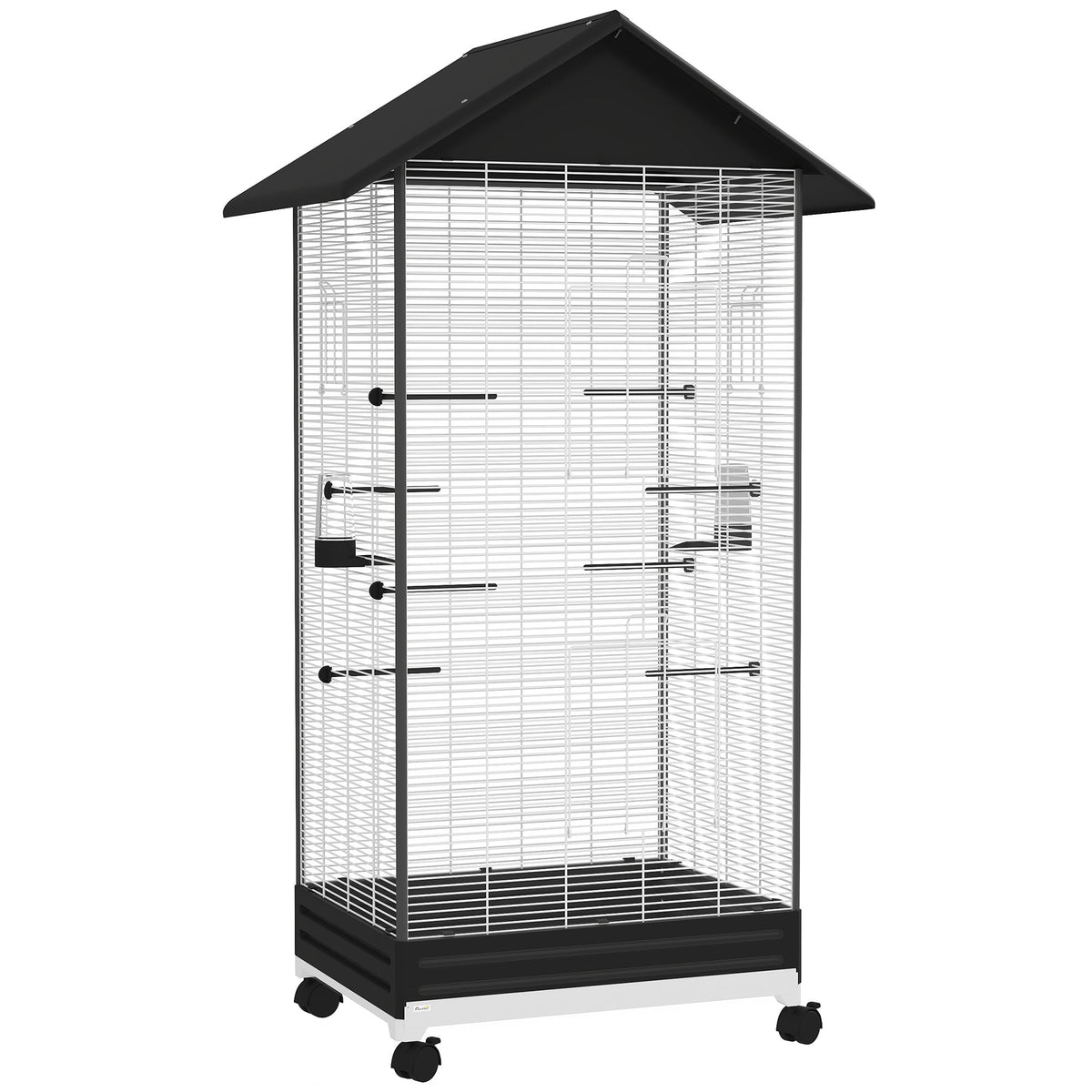 Cage oiseau sur pied volière oiseaux intérieure sur roulettes 2 mangeoires 8 perchoirs 79 x 65 x 155 cm fil d'acier noir - Alma Nova Care