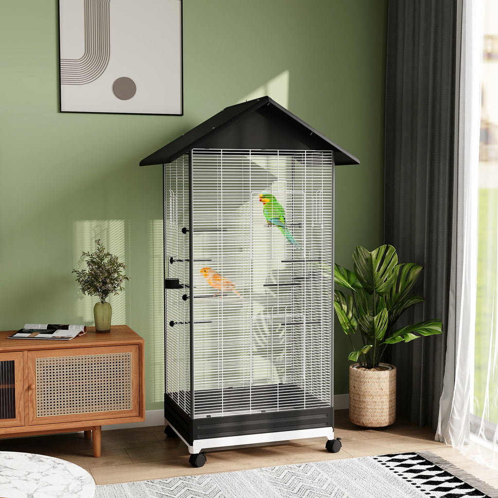 Cage oiseau sur pied volière oiseaux intérieure sur roulettes 2 mangeoires 8 perchoirs 79 x 65 x 155 cm fil d'acier noir - Alma Nova Care