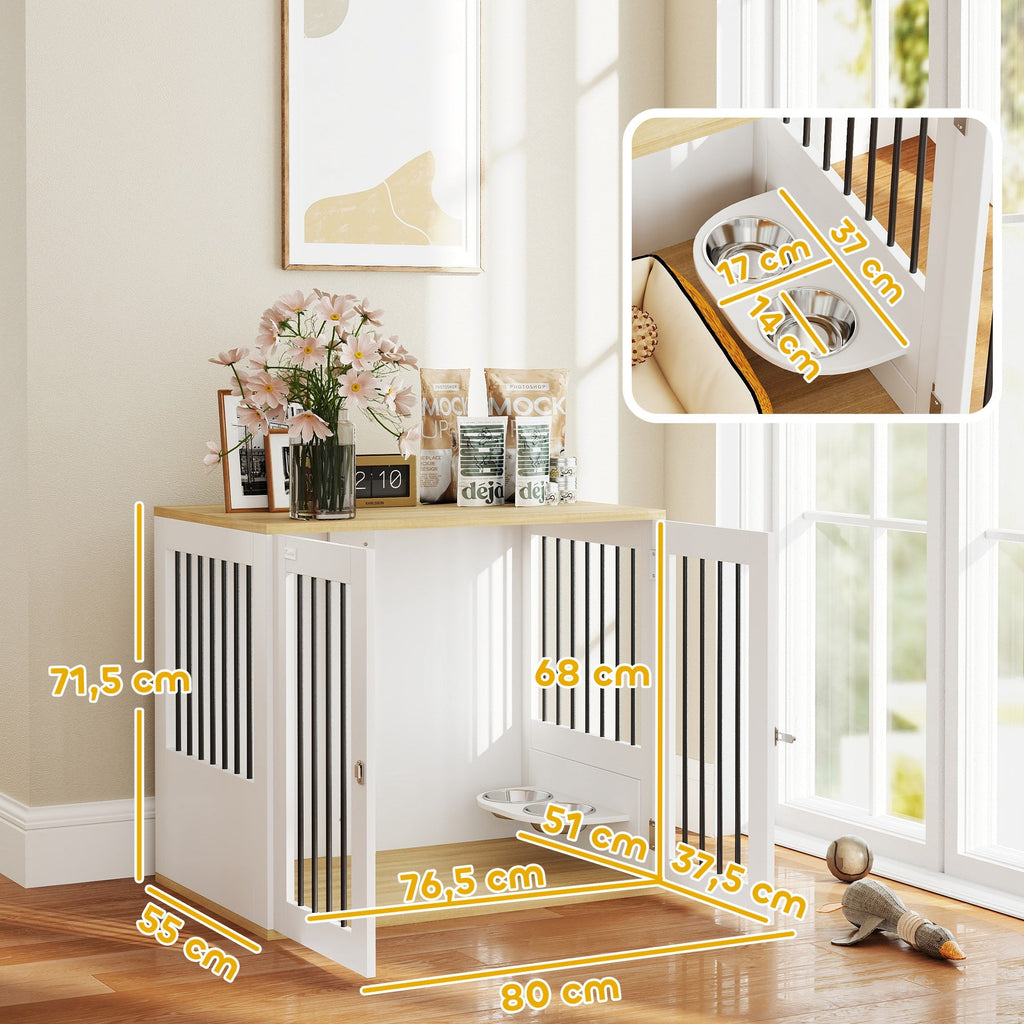 Cage pour chiens, table d'appoint, gamelles amovibles rotatives à 360° 2 portes pour chien moyenne 80x55x71,5cm blanc - Alma Nova Care