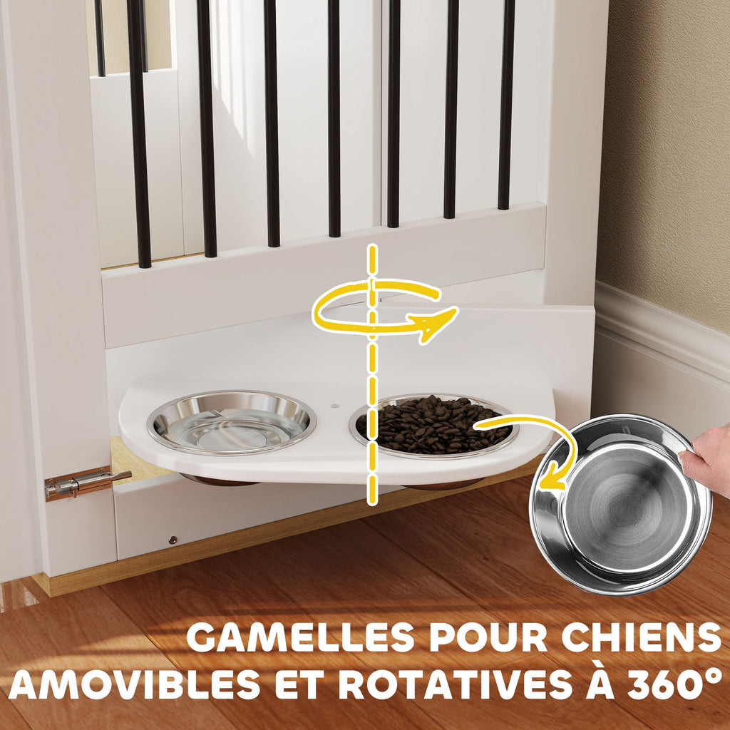 Cage pour chiens, table d'appoint, gamelles amovibles rotatives à 360° 2 portes pour chien moyenne 80x55x71,5cm blanc - Alma Nova Care