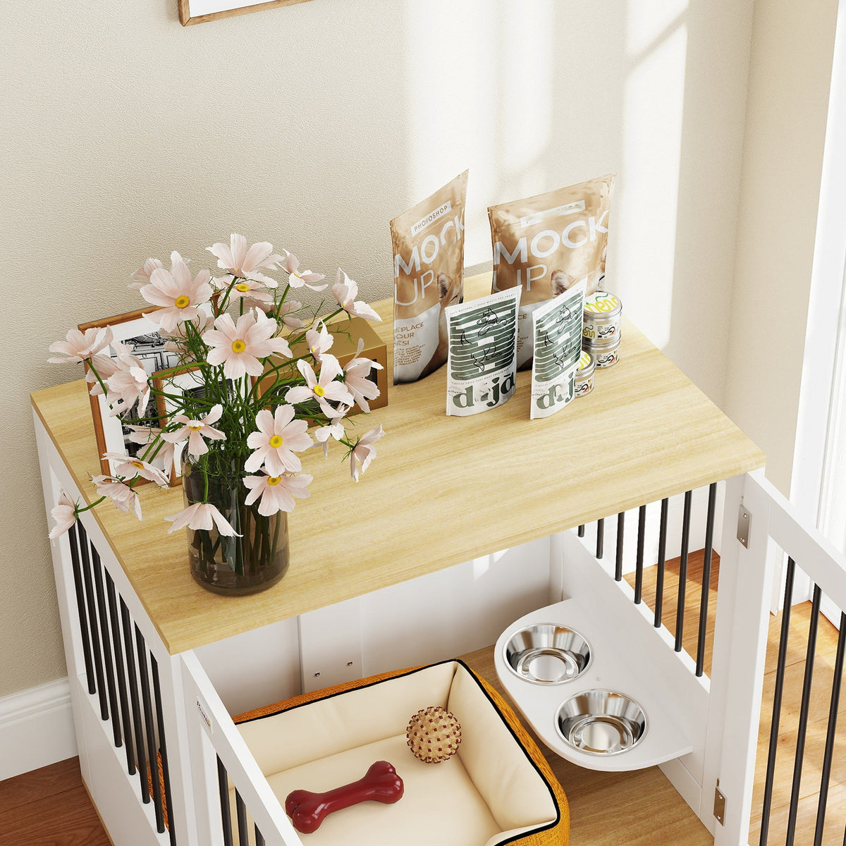 Cage pour chiens, table d'appoint, gamelles amovibles rotatives à 360° 2 portes pour chien moyenne 80x55x71,5cm blanc - Alma Nova Care