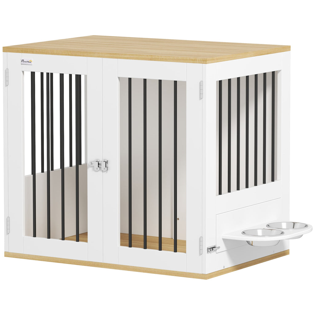 Cage pour chiens, table d'appoint, gamelles amovibles rotatives à 360° 2 portes pour chien moyenne 80x55x71,5cm blanc - Alma Nova Care