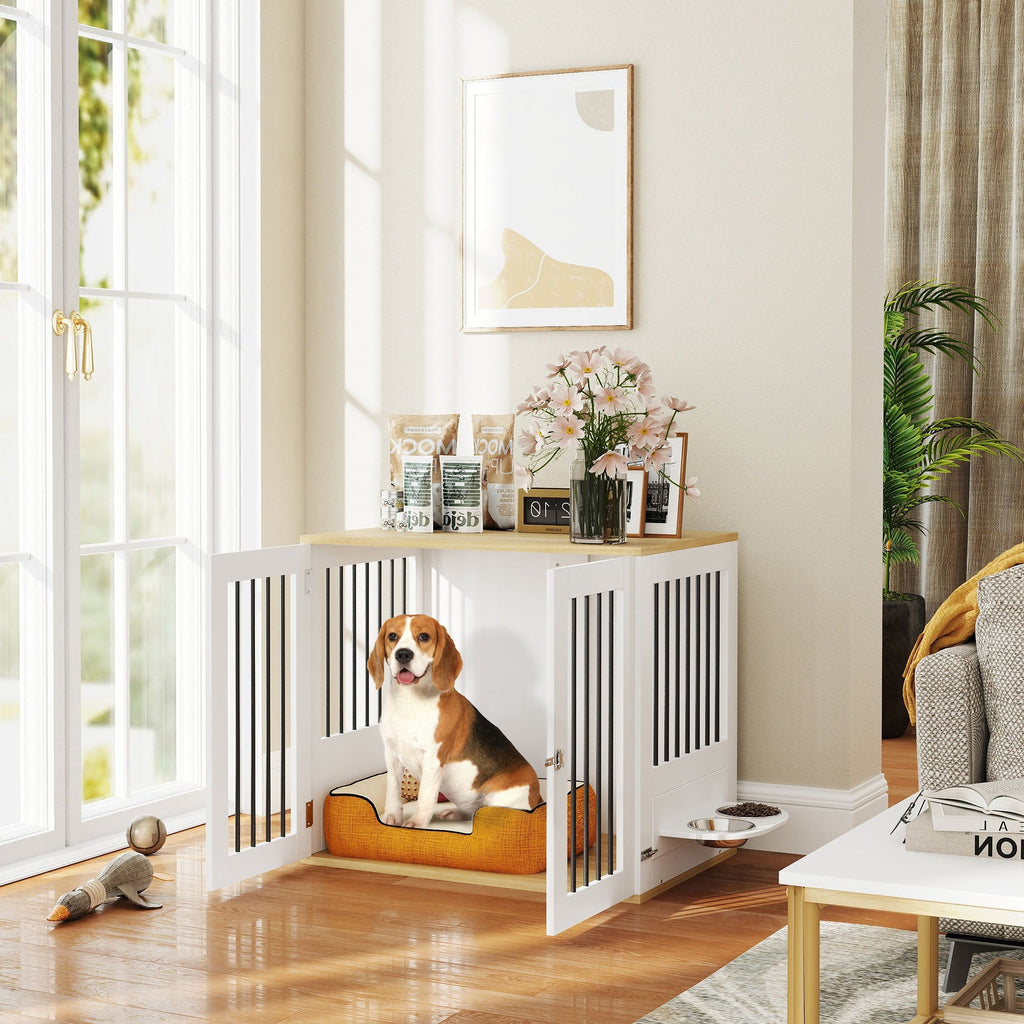 Cage pour chiens, table d'appoint, gamelles amovibles rotatives à 360° 2 portes pour chien moyenne 80x55x71,5cm blanc - Alma Nova Care