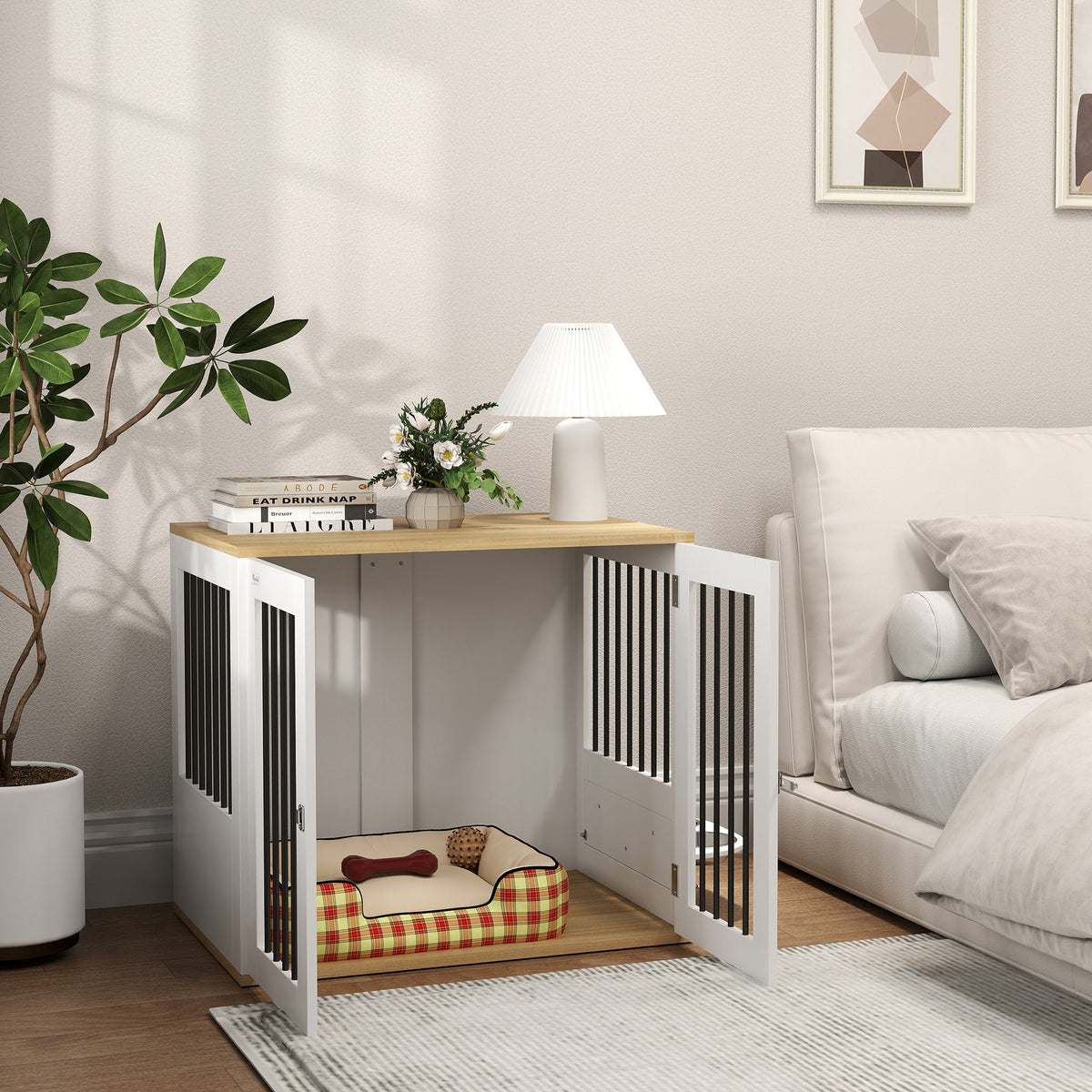Cage pour chiens, table d'appoint, gamelles amovibles rotatives à 360° 2 portes pour chien moyenne 80x55x71,5cm blanc - Alma Nova Care
