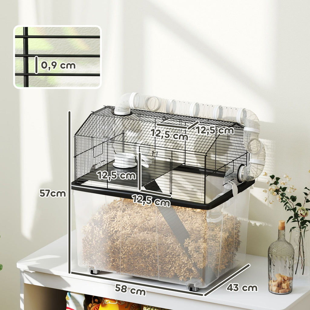 Cage pour hamster portable cage pour hamster avec rampe, gamelle, bouteille d'eau système de tuyaux 58 x 43 x 57 cm noir - Alma Nova Care