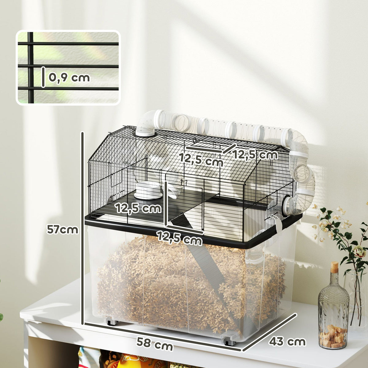 Cage pour hamster portable cage pour hamster avec rampe, gamelle, bouteille d'eau système de tuyaux 58 x 43 x 57 cm noir - Alma Nova Care