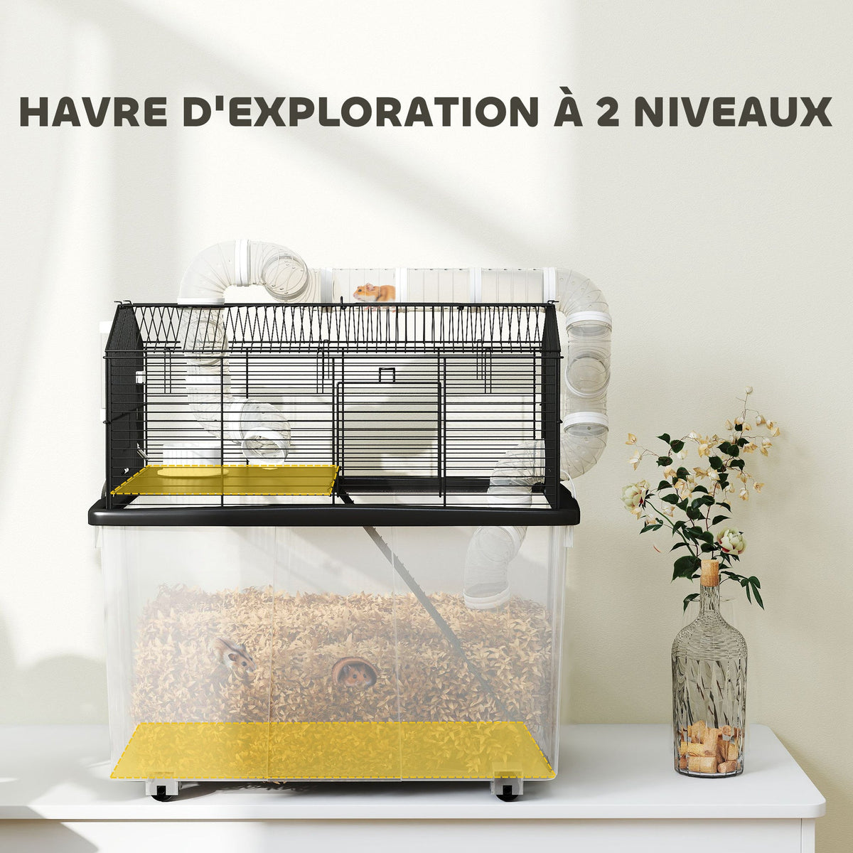 Cage pour hamster portable cage pour hamster avec rampe, gamelle, bouteille d'eau système de tuyaux 58 x 43 x 57 cm noir - Alma Nova Care