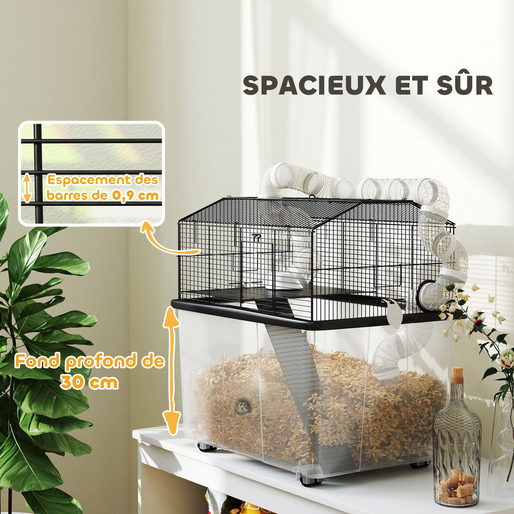 Cage pour hamster portable cage pour hamster avec rampe, gamelle, bouteille d'eau système de tuyaux 58 x 43 x 57 cm noir - Alma Nova Care