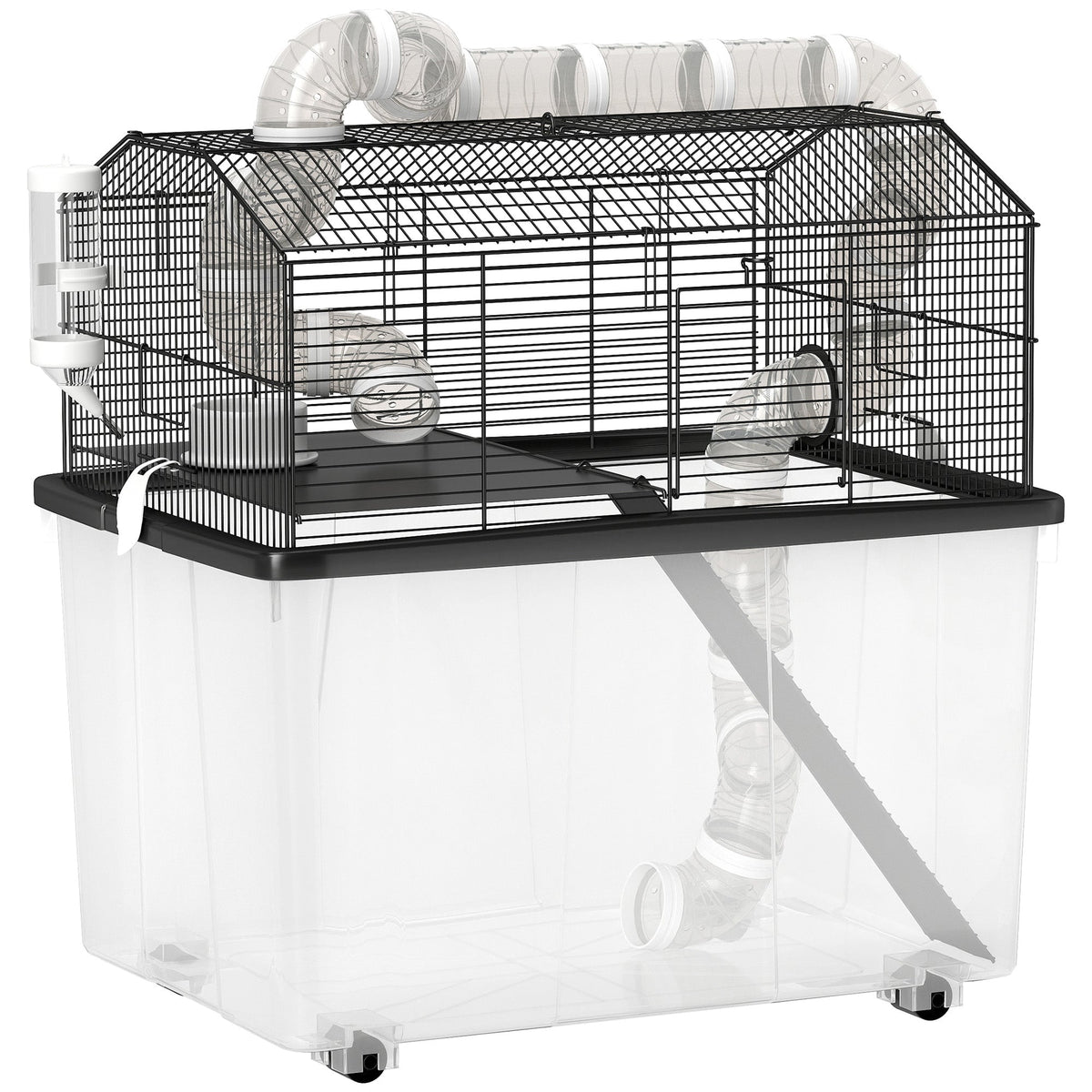Cage pour hamster portable cage pour hamster avec rampe, gamelle, bouteille d'eau système de tuyaux 58 x 43 x 57 cm noir - Alma Nova Care