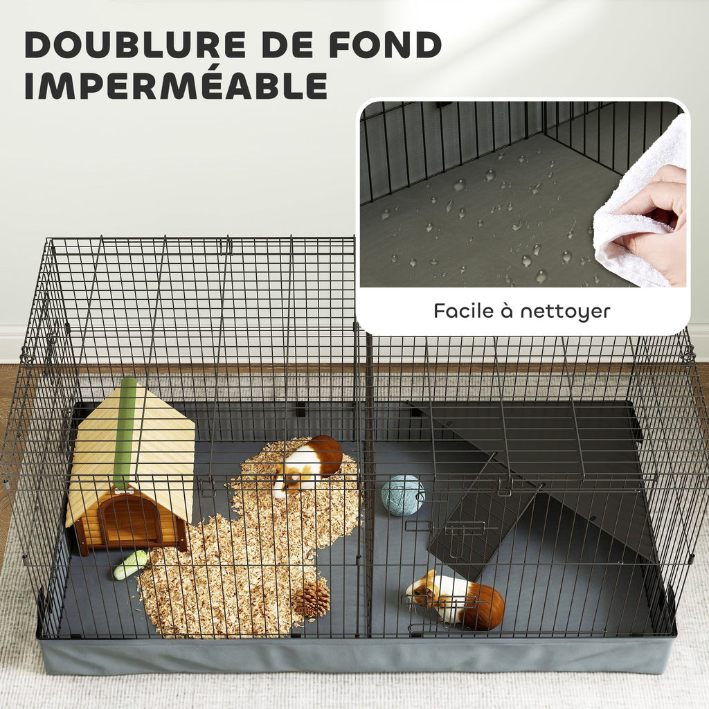 Cage pour petits animaux 2 en 1 avec dessus amovible enclos lapin 2 zones séparées rampe 121 x 61 x 61 cm en acier noir - Alma Nova Care