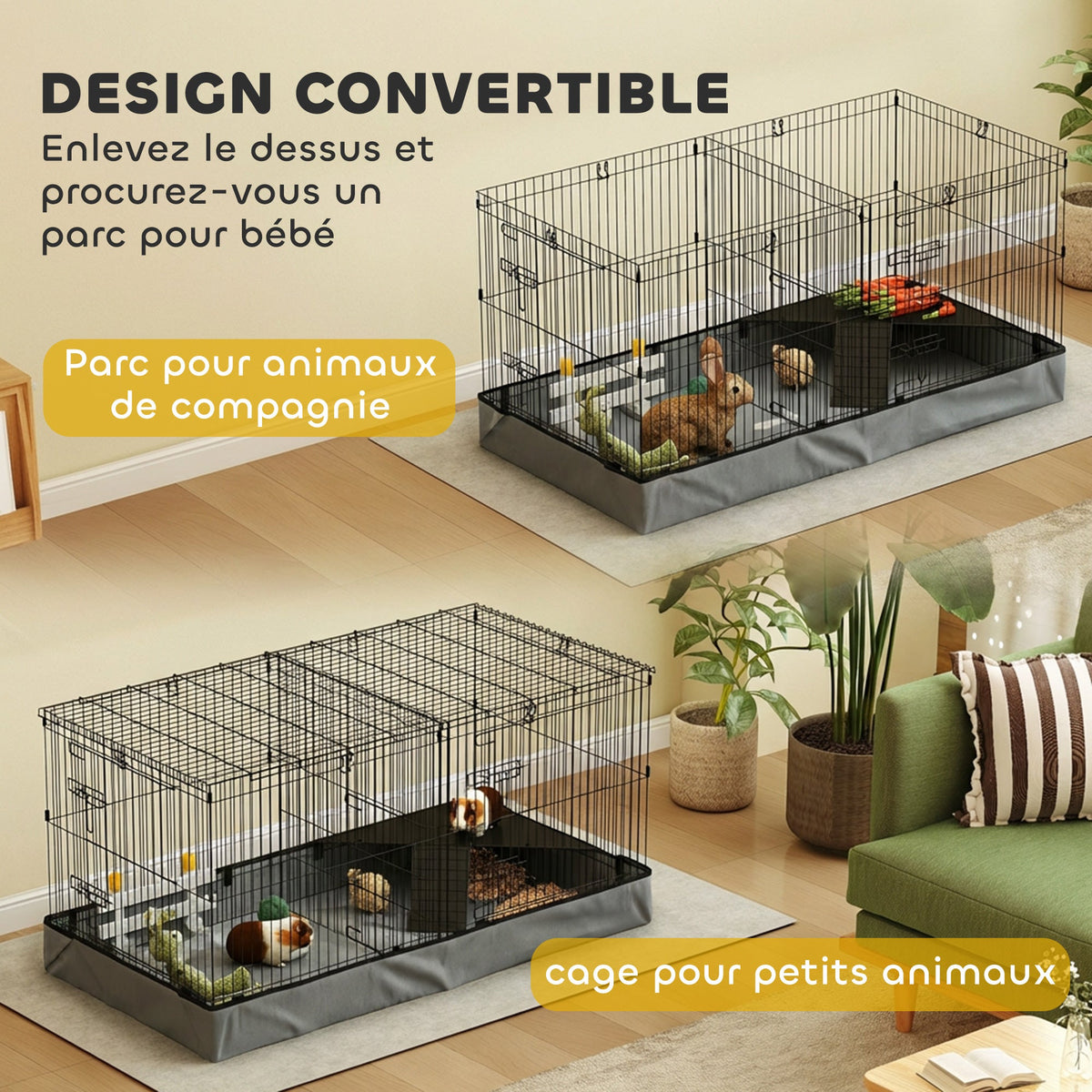 Cage pour petits animaux 2 en 1 avec dessus amovible enclos lapin 2 zones séparées rampe 121 x 61 x 61 cm en acier noir - Alma Nova Care