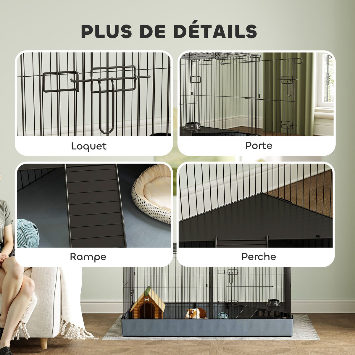 Cage pour petits animaux 2 en 1 avec dessus amovible enclos lapin 2 zones séparées rampe 121 x 61 x 61 cm en acier noir - Alma Nova Care