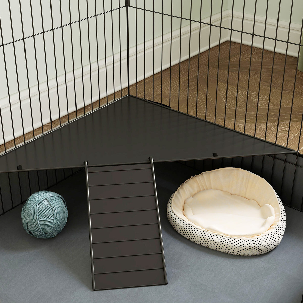 Cage pour petits animaux 2 en 1 avec dessus amovible enclos lapin 2 zones séparées rampe 121 x 61 x 61 cm en acier noir - Alma Nova Care