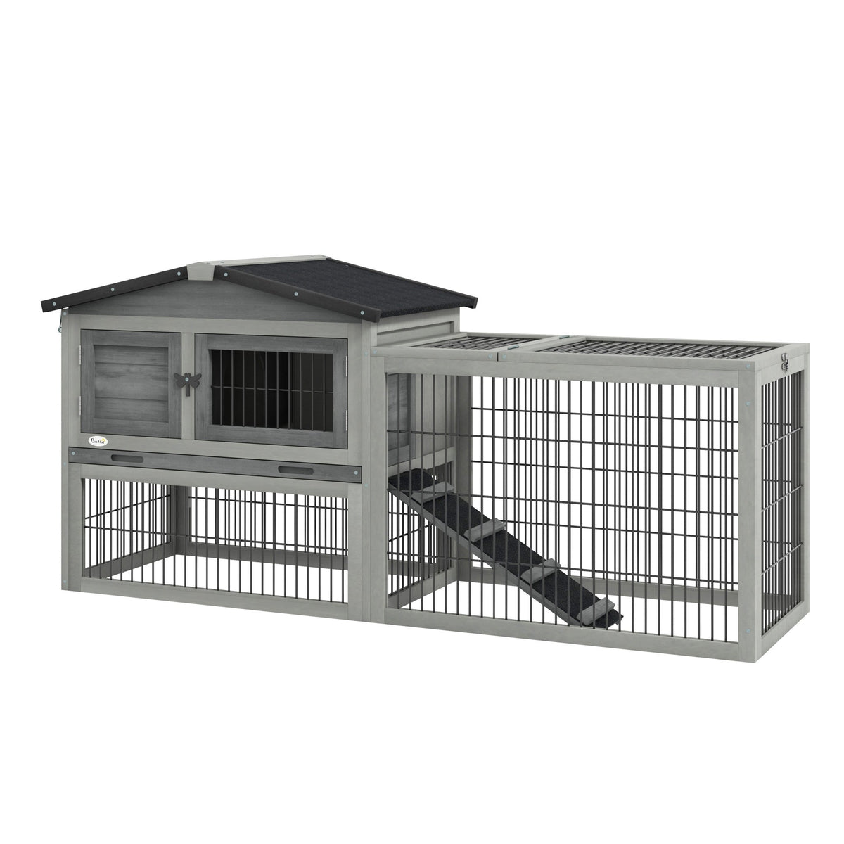 Clapier de sol cage à lapin cottage niche supérieure avec rampe enclos extérieur 150 x 52 x 68 cm gris - Alma Nova Care