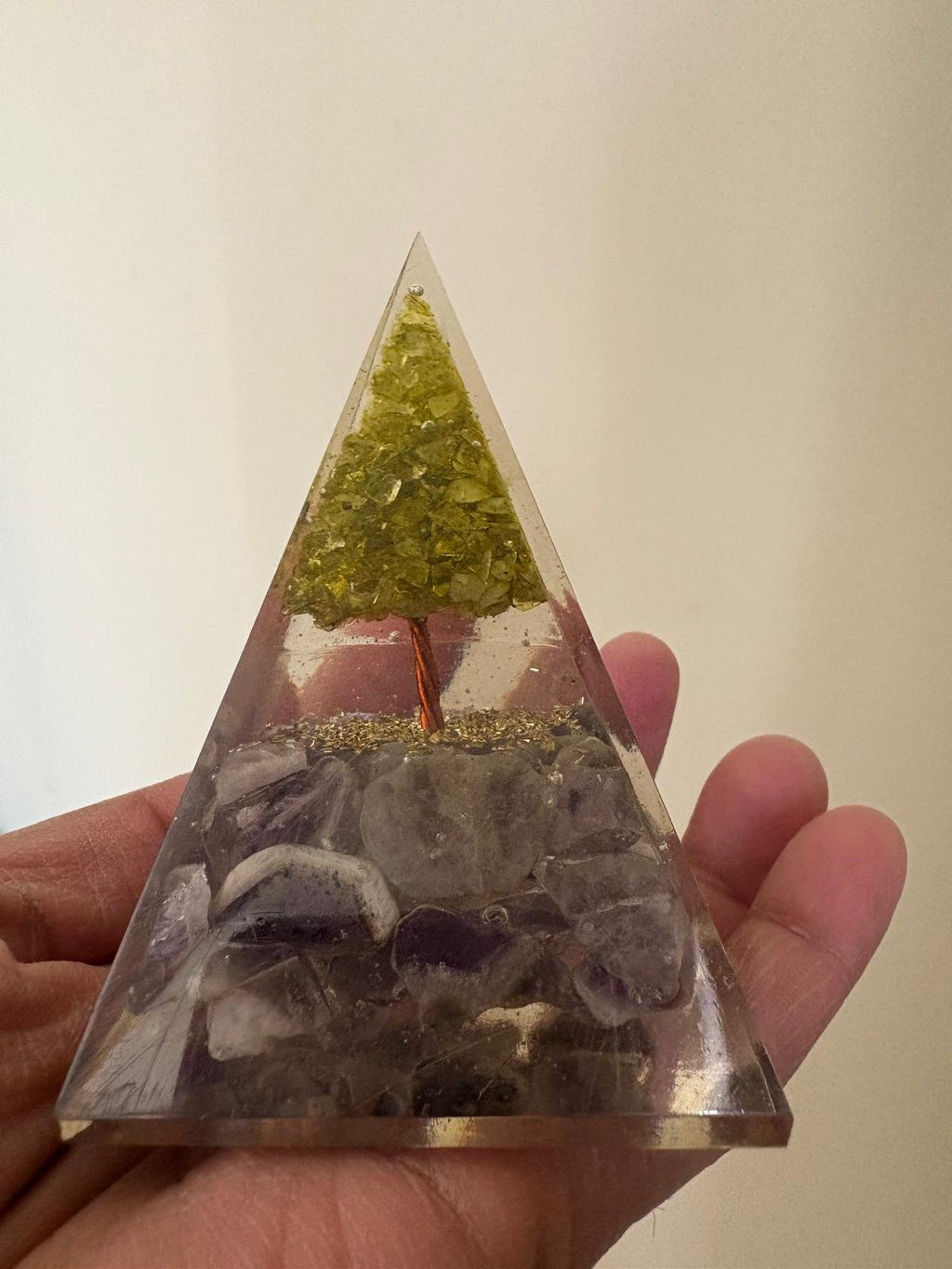 Amethyst with Peridot Tree of Life Orgonite Pyramid