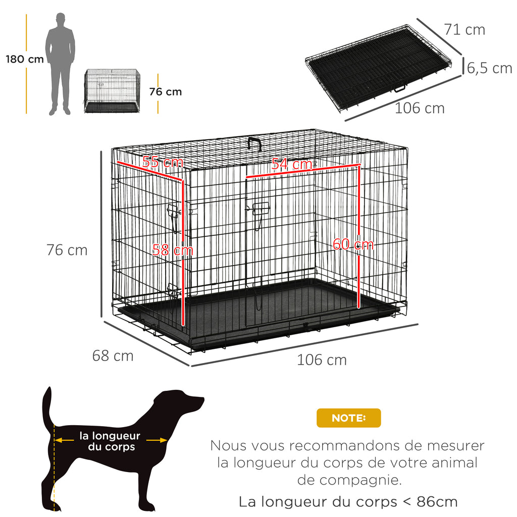 Cage caisse de transport pliante pour chien en acier 2 portes verrouillables 106L x 71,5l x 76H cm noir