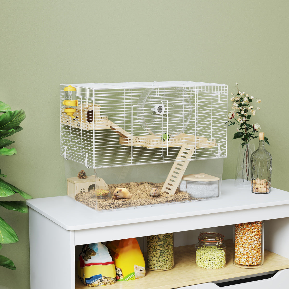 Cage à hamster à 3 niveaux, cage rongeur avec roue d'exercice, plateau profond transparent, 59 x 35,5 x 47 cm, blanc